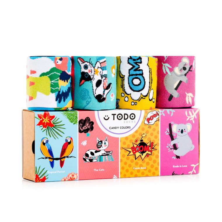 Zestaw prezentowy kolorowych skarpet CANDY COLORS - Koala, Koty, Papugi, Komiks - 4 pary