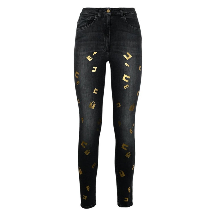 Czarne jeansy damskie z złotymi detalami metalowymi Elisabetta Franchi