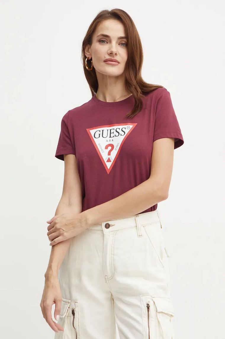 Guess t-shirt bawełniany kolor bordowy