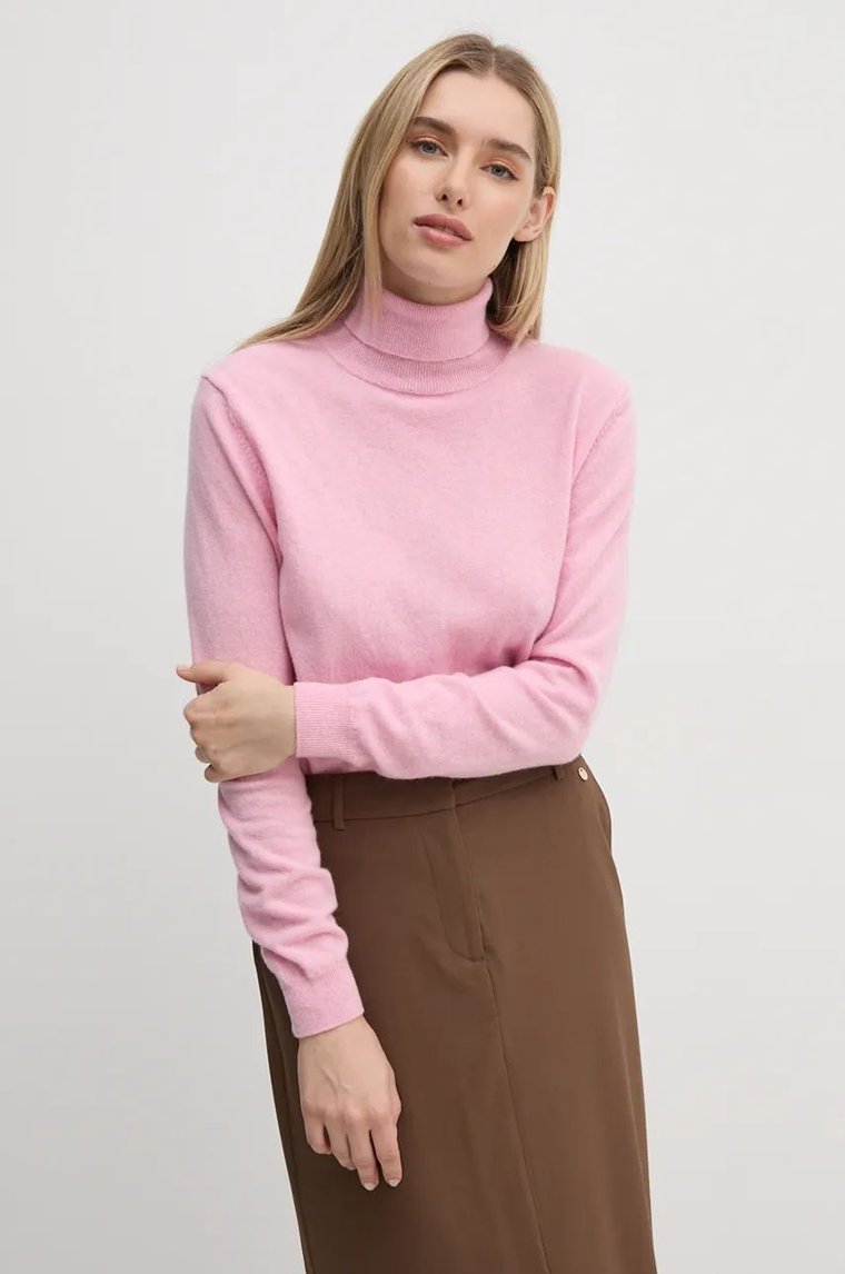 United Colors of Benetton sweter wełniany damski kolor różowy lekki z golfem 1002D2348