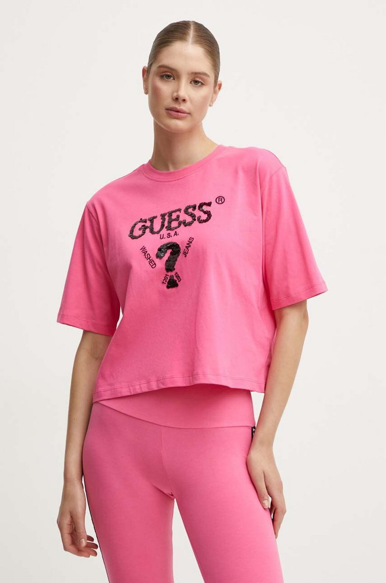 Guess t-shirt bawełniany AURLIE damski kolor różowy V4YI06 I3Z14