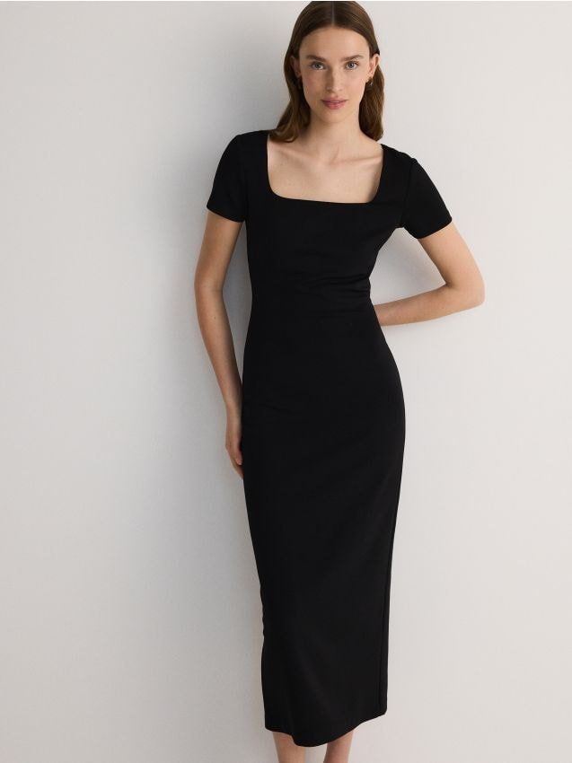 Reserved - Sukienka midi z rozcięciem - czarny