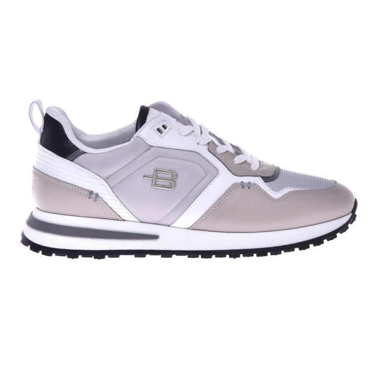 Running trainers in beige leather and grey fabric Baldinini