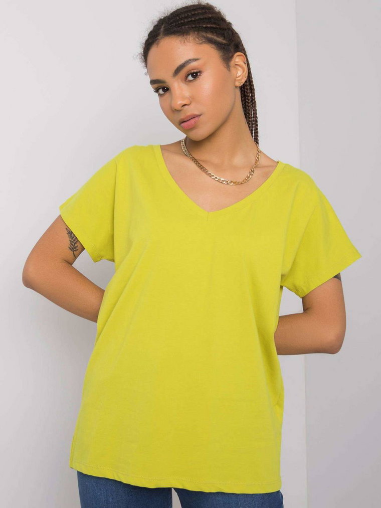 T-shirt jednokolorowy limonkowy casual dekolt w kształcie V rękaw krótki