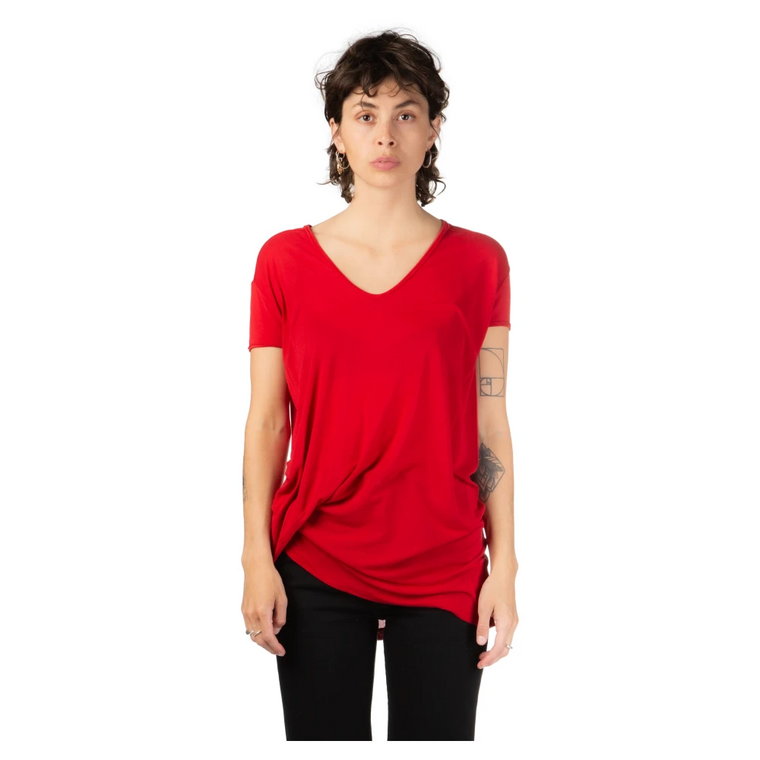 Czerwona Asymetryczna T-shirt z dekoltem w serek Rick Owens