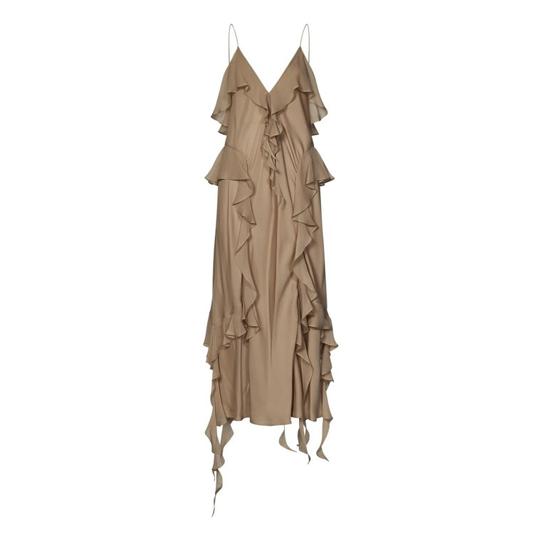 Beżowa jedwabna sukienka midi z falbanami Khaite