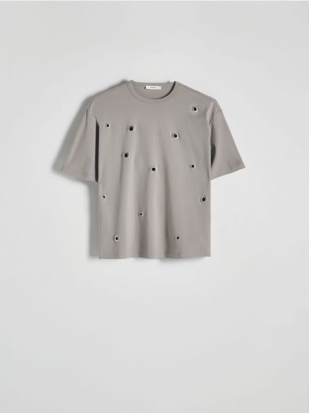 Reserved - T-shirt oversize z okuciami - jasnoszary