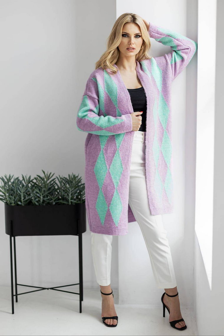 Elegancki sweter kardigan w romby liliowy