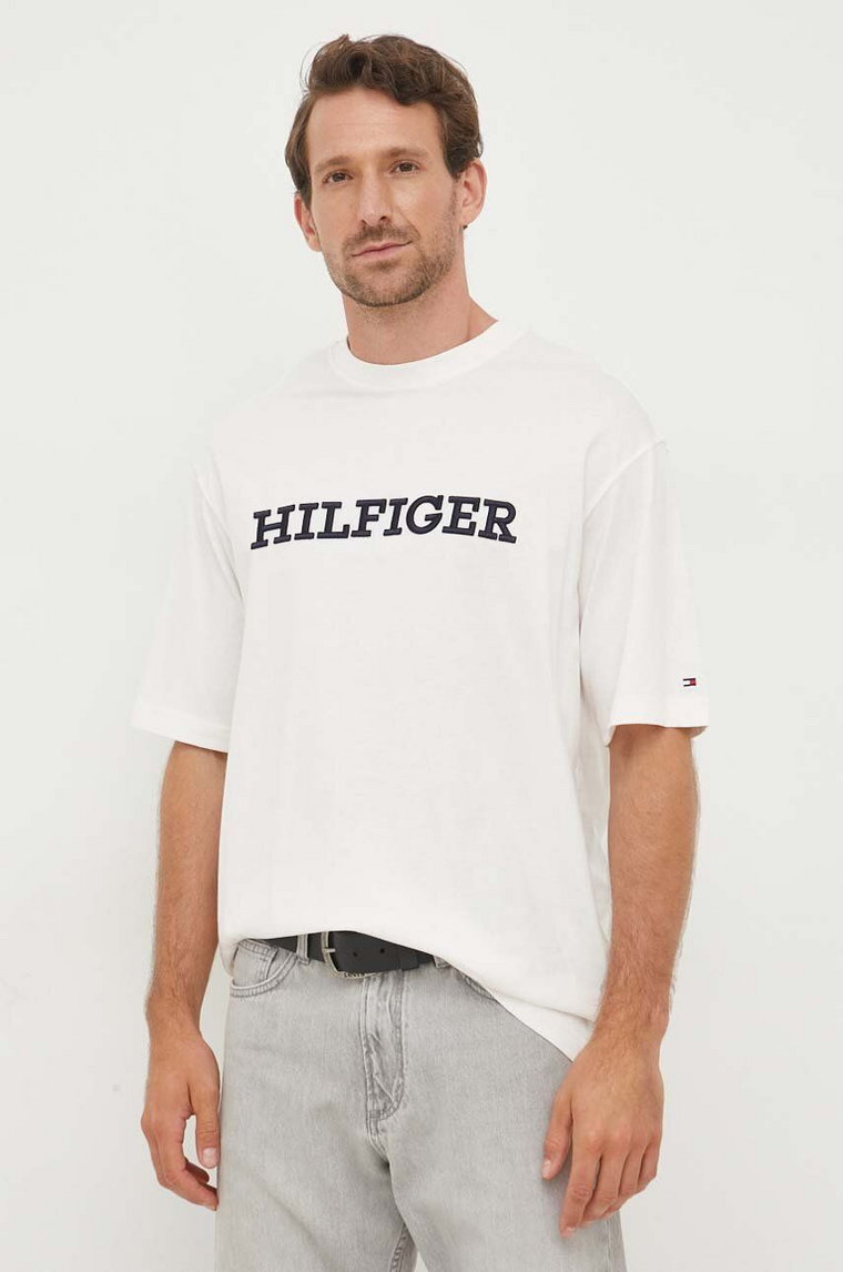 Tommy Hilfiger t-shirt bawełniany kolor beżowy z aplikacją