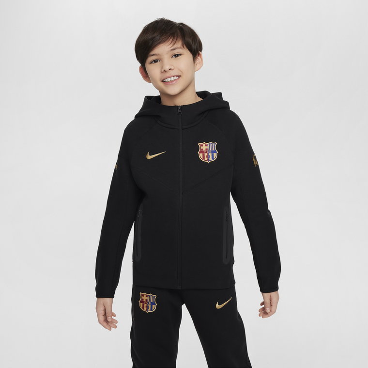 Piłkarska bluza z kapturem i zamkiem na całej długości dla dużych dzieci (chłopców) FC Barcelona Tech Fleece - Szary