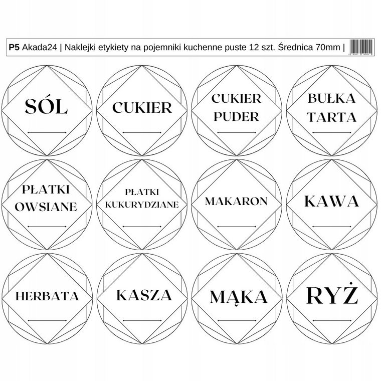 Naklejki etykiety na pojemnik plastikowy kuchenny PET 12 szt ( P5 - P10 )