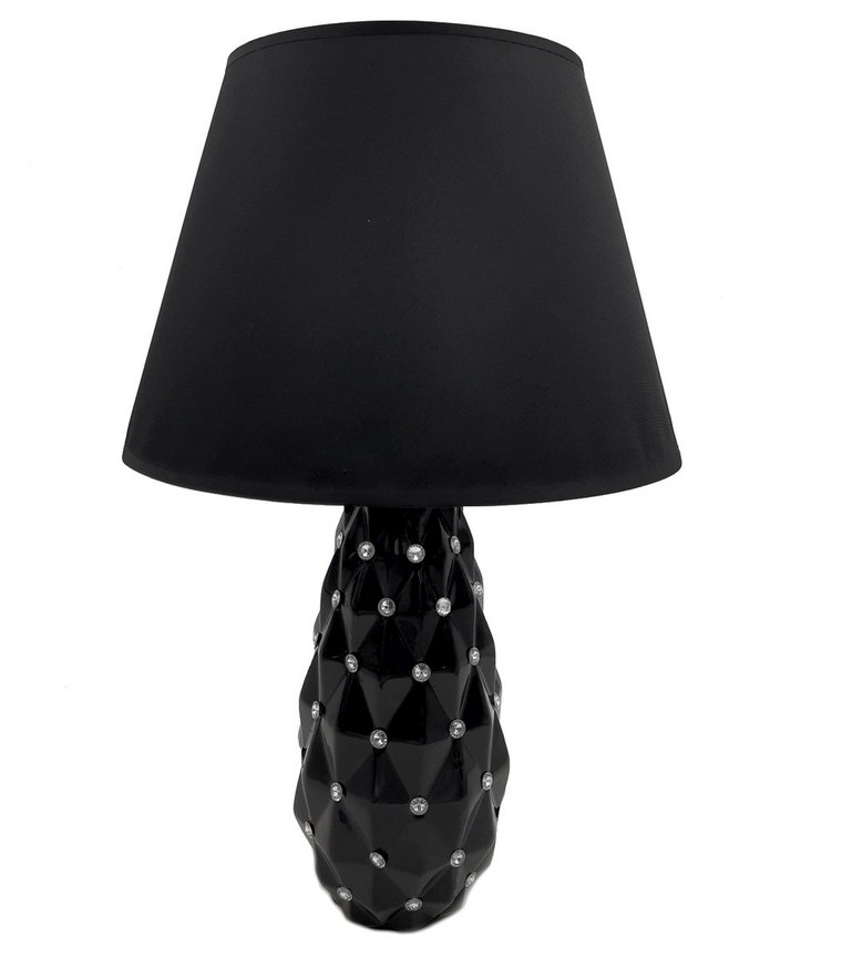 Lampa Stołowa Nocna Z Cyrkoniami Czarna Z Czarnym Kloszem Glamour 48 Cm