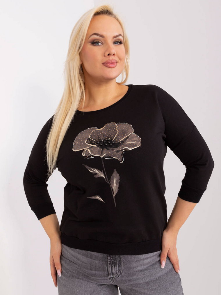 Bluzka plus size czarny casual codzienna dekolt okrągły rękaw 3/4 dżety