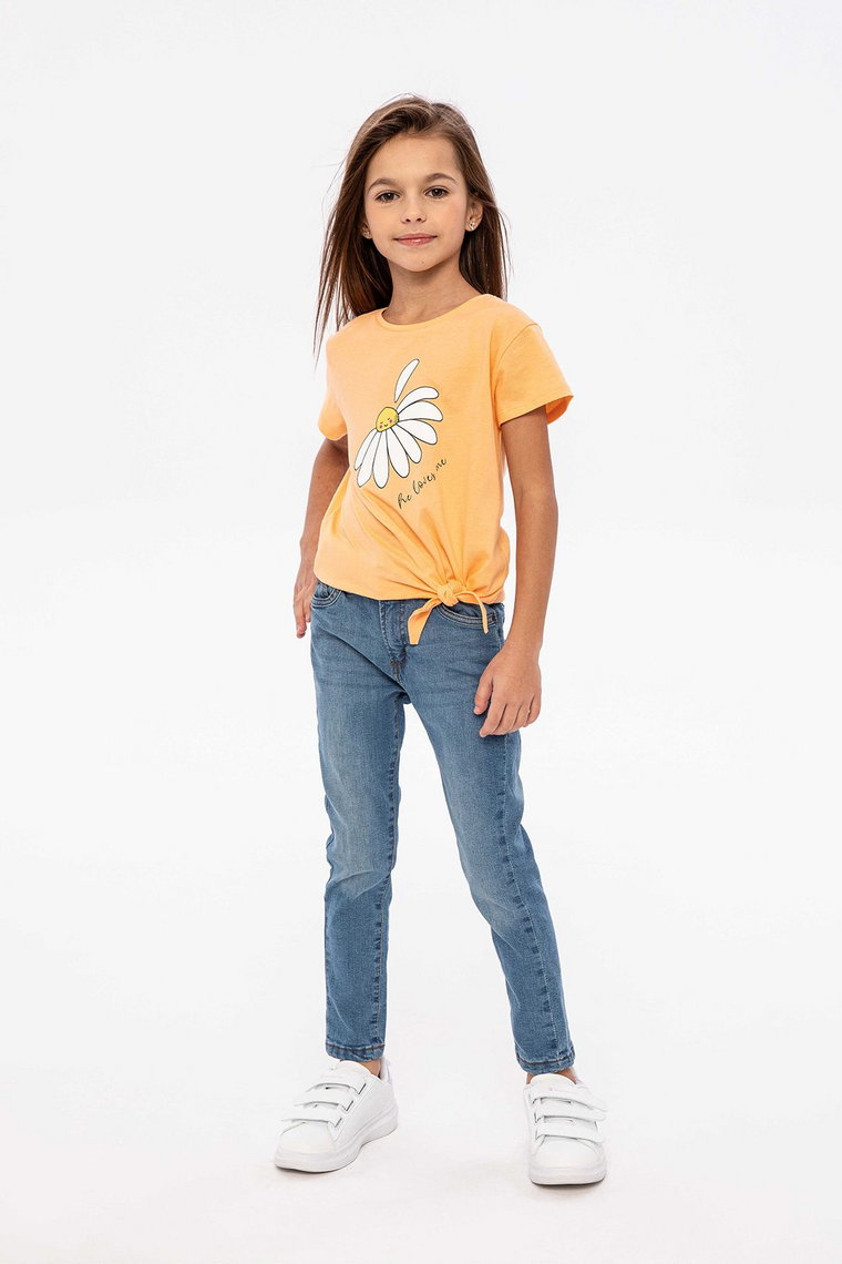 Pomarańczowa koszulka bawełniana dziewczęca z wiązaniem