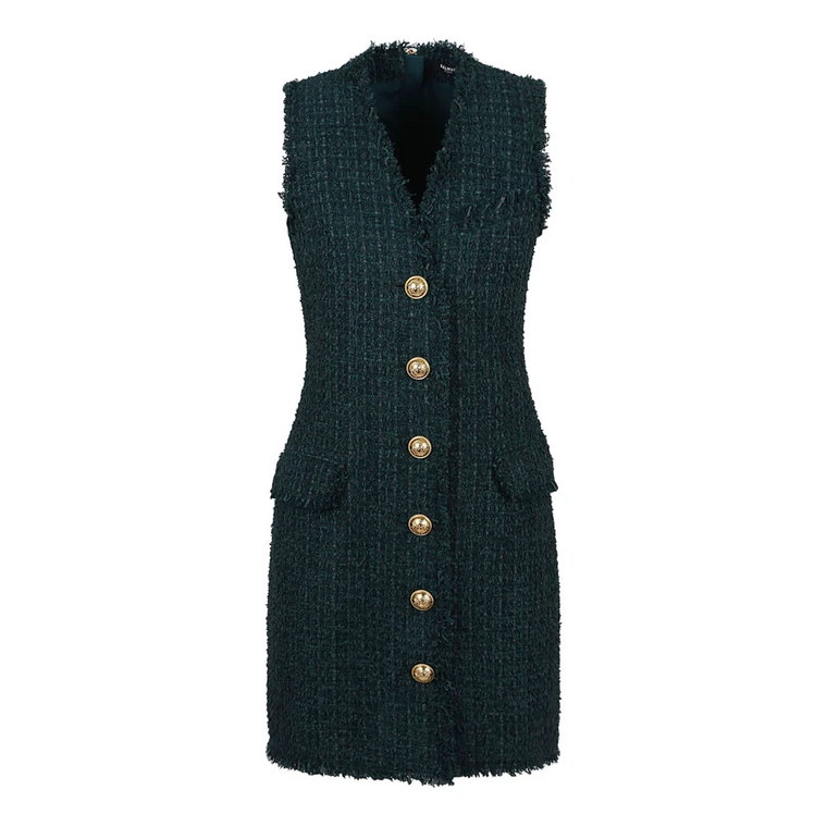 7CX Vert Fonce Sukienka Tweed z Dekoltem w Serek Balmain