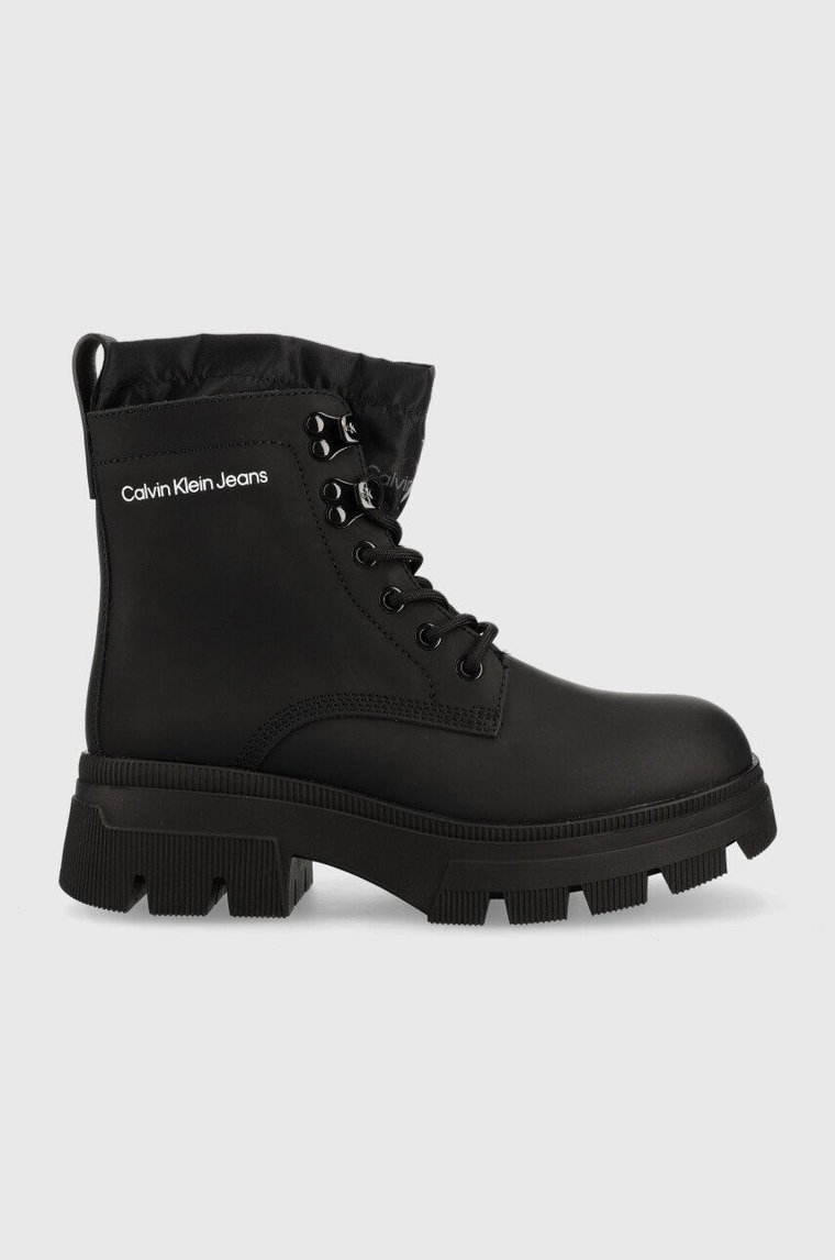 Calvin Klein Jeans botki skórzane Chunky Combat Laceup Hiking damskie kolor czarny na słupku