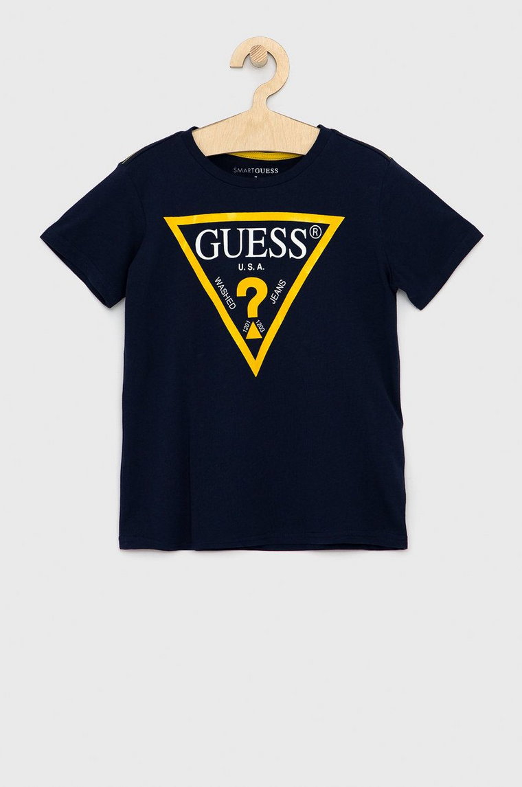 Guess T-shirt bawełniany dziecięcy kolor granatowy z nadrukiem