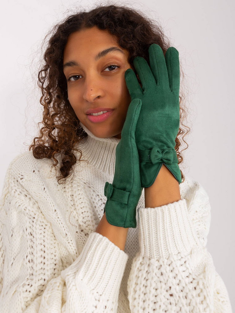 Rękawiczki ciemny zielony ocieplenie kokarda