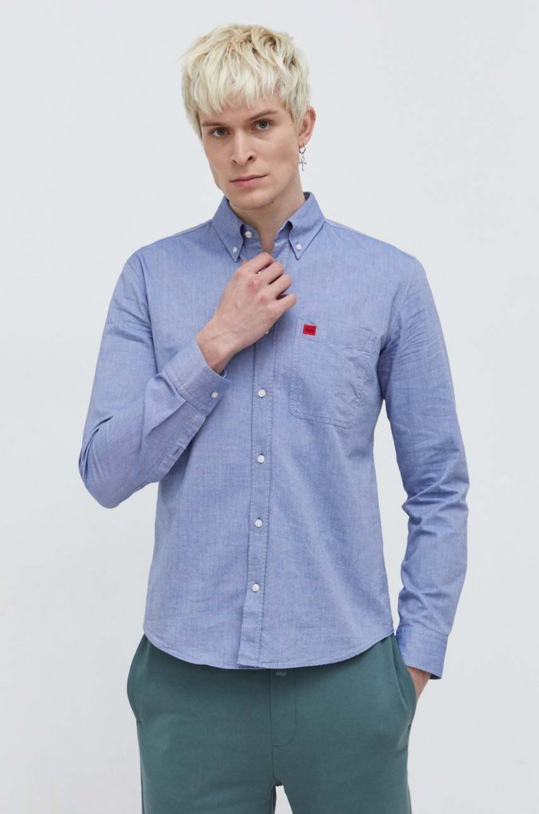 HUGO koszula bawełniana męska kolor niebieski slim z kołnierzykiem button-down 50479302