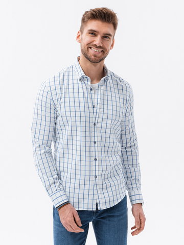 Bawełniana koszula męska w kratę REGULAR FIT - biało-niebieska V2 K637 - S