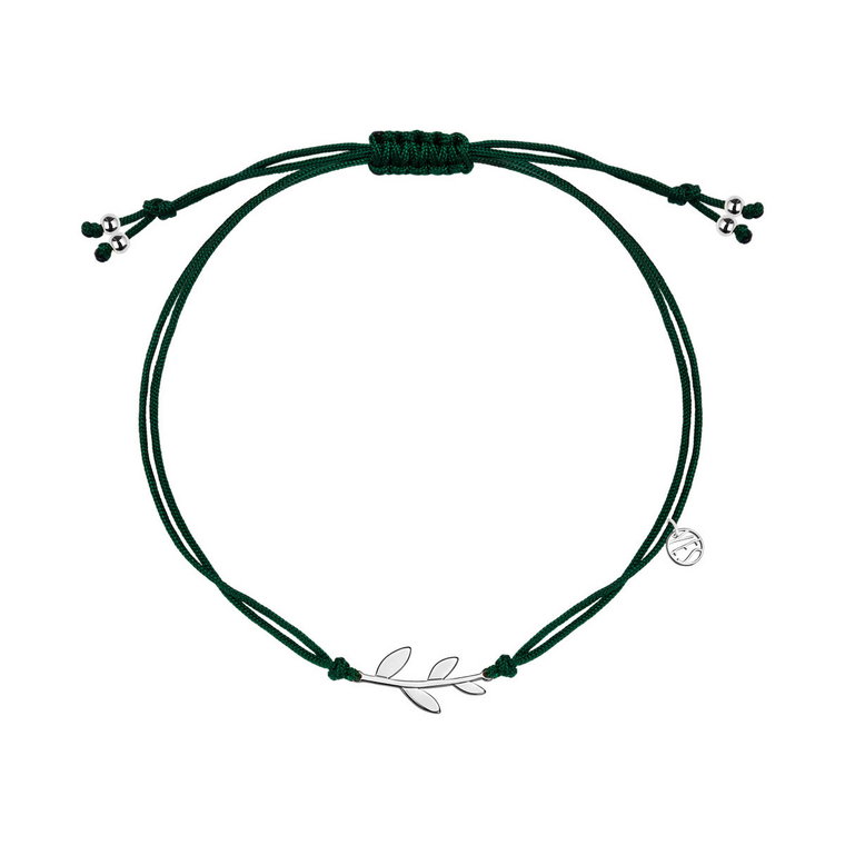 Bransoletka srebrna na zielonym sznurku - liść - Flora