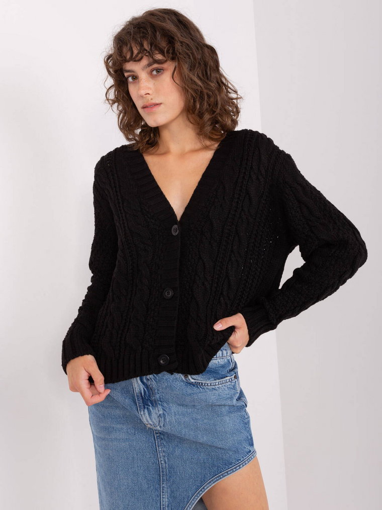 Sweter rozpinany czarny casual dekolt w kształcie V rękaw długi guziki