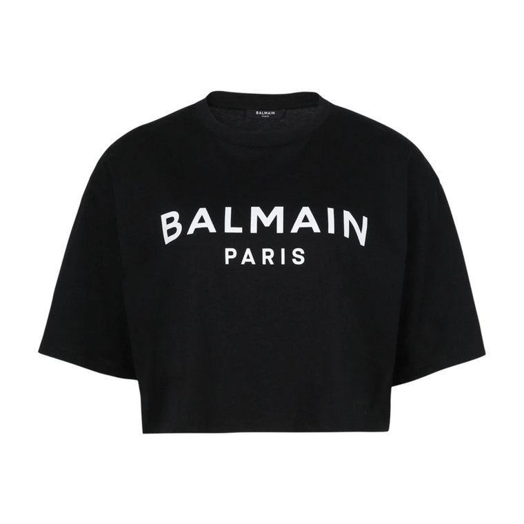 Ekologiczny przycięty bawełniany T-shirt z nadrukiem logo Balmain