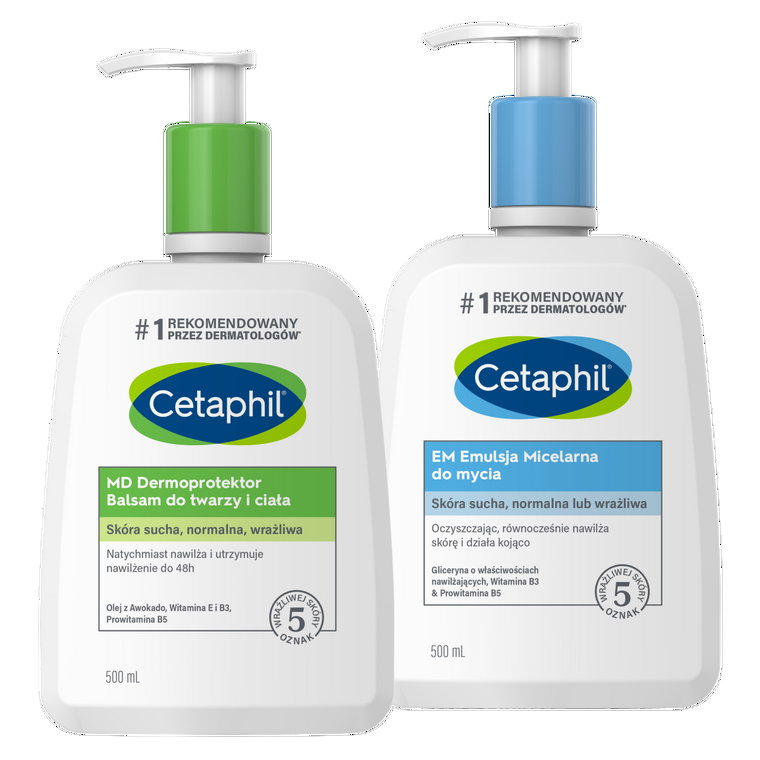 Cetaphil Zestaw kosmetyków: EM Emulsja Micelarna, 500 ml+ MD Dermoprotektor Balsam do twarzy i ciała, 500 ml