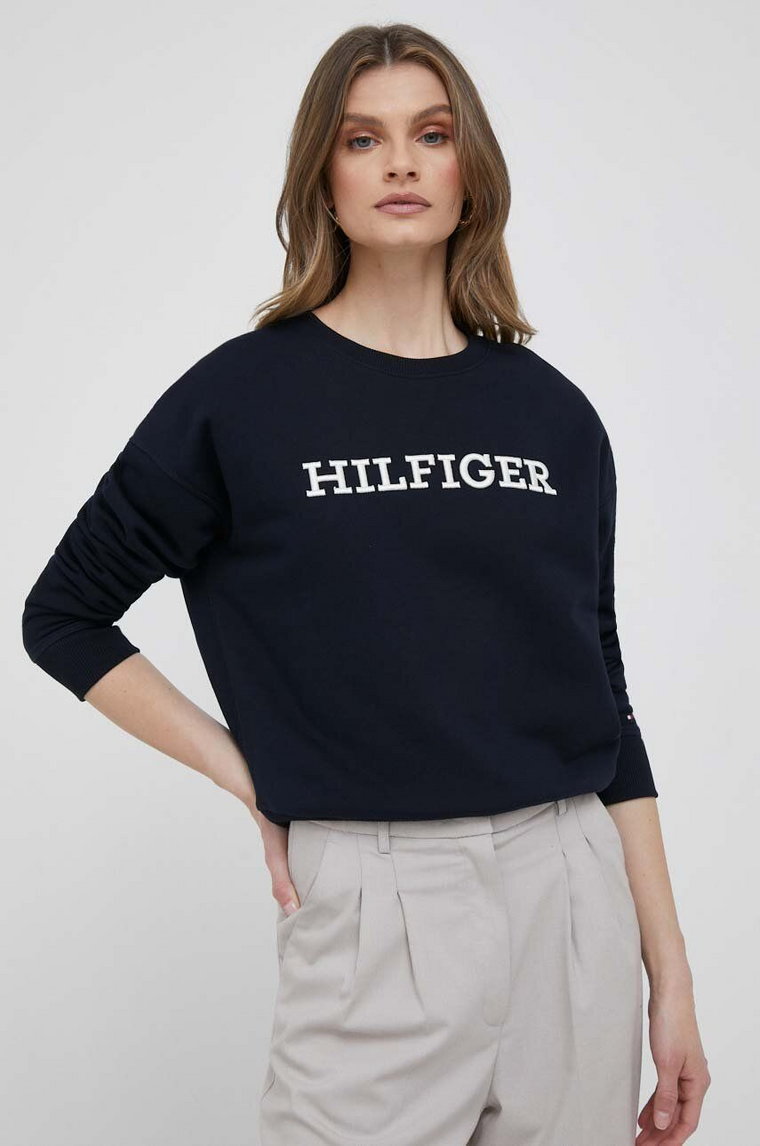 Tommy Hilfiger bluza bawełniana damska kolor granatowy z aplikacją