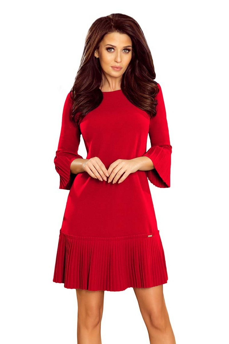 Czerwona Sukienka Wizytowa z Plisowanymi Falbankami