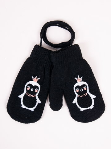 Rękawiczki dziecięce jednopalczaste ze sznurkiem czarne z pingwinem 10