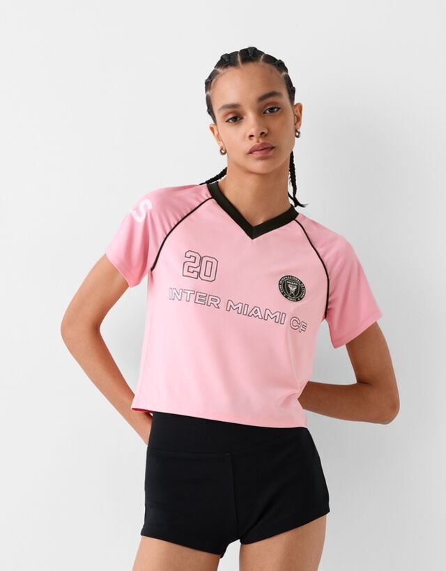 Bershka Krótka Koszulka Z Nadrukiem Inter Miami Cf Kobieta L Różowy