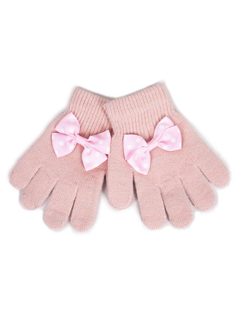 Rękawiczki Dziewczęce Pięciopalczaste Z Kokardką Różowe 18 Cm