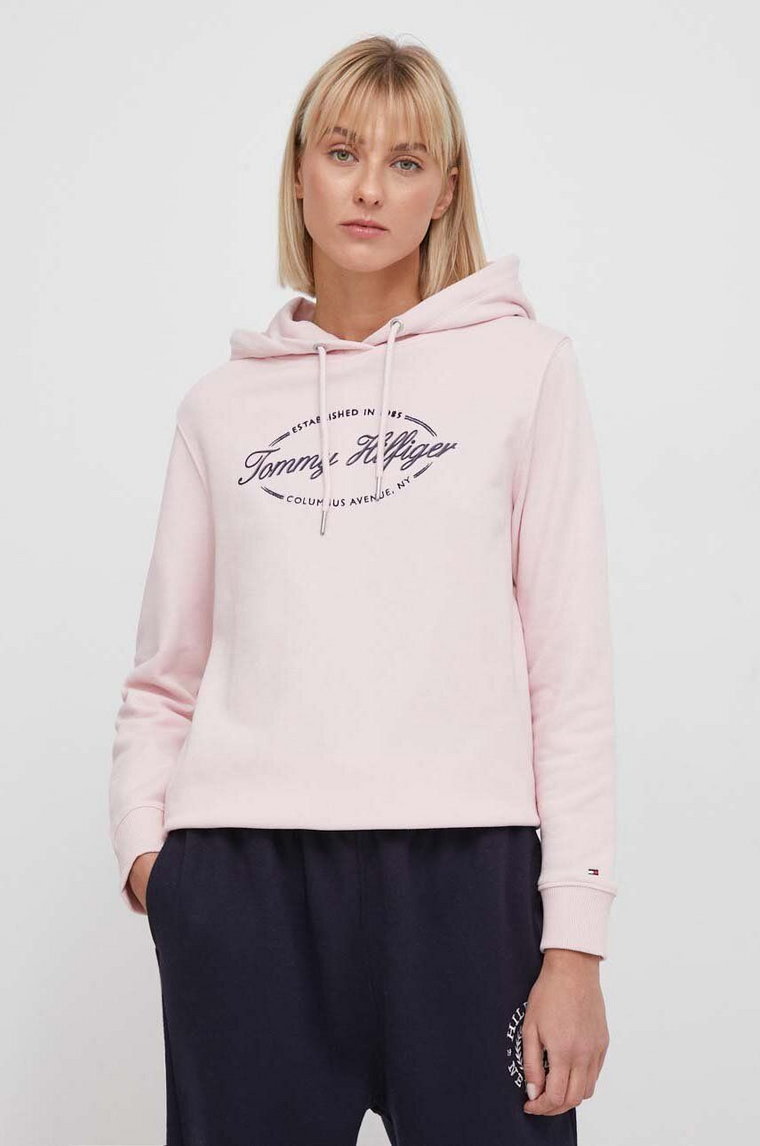 Tommy Hilfiger bluza bawełniana damska kolor różowy z kapturem z nadrukiem WW0WW41037