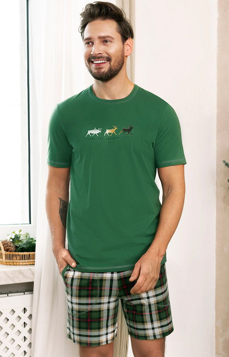 Piżama męska w kratę na krótki rękaw i z krótką nogawką zielona Seward, Kolor zielony-wzór, Rozmiar 3XL, Italian Fashion