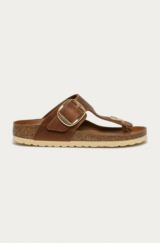 Birkenstock Japonki skórzane Gizeh Big Buckle damskie kolor brązowy na płaskim obcasie 1018785