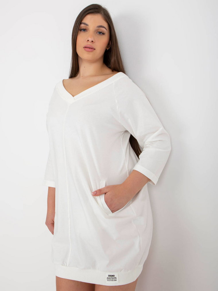 Tunika plus size ecru sukienka dresowa codzienna dekolt w kształcie V rękaw 3/4 długość mini kieszenie