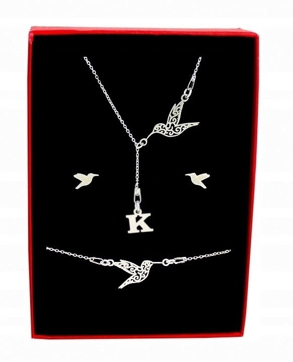 Komplet Srebrnej Biżuterii Damskiej Z Kolibrami Koliber Literka *do Wyboru