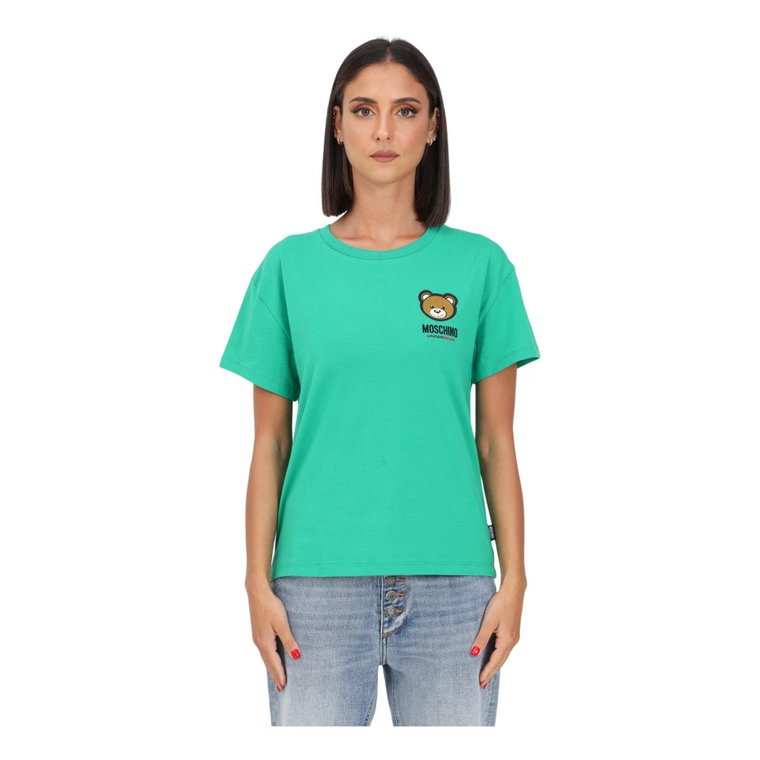 Zielony T-shirt z Logo i Misiem Moschino