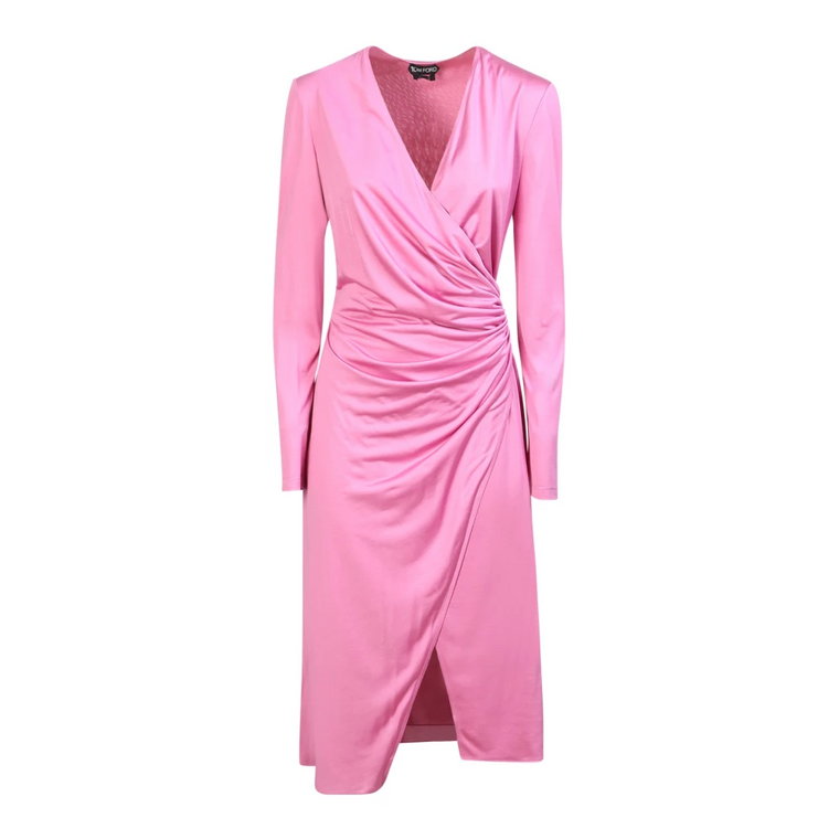 Różowa Sukienka z Jedwabiu z Dekoltem w Szpic i Długimi Rękawami Tom Ford