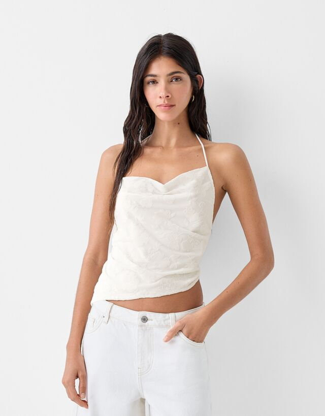 Bershka Strukturalny Top Bandeau W Kwiaty Kobieta Xs Biały Złamany