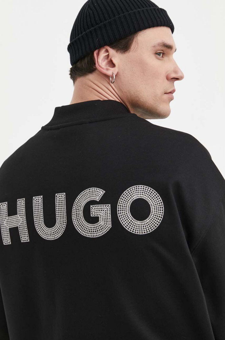 HUGO bluza bawełniana męska kolor czarny z aplikacją