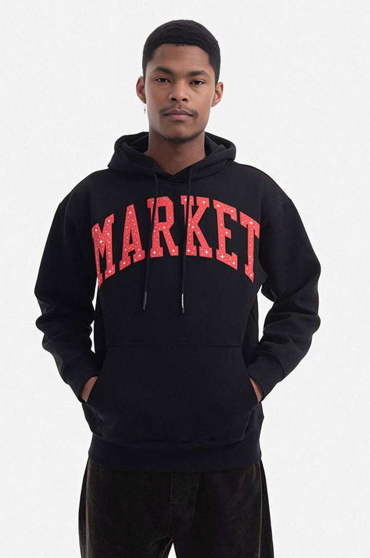 Market bluza bawełniana męska kolor czarny z kapturem z nadrukiem 397000194-16