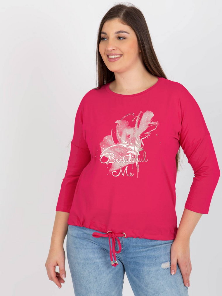 Bluzka plus size fuksjowy casual codzienna dekolt okrągły rękaw 3/4 dżety