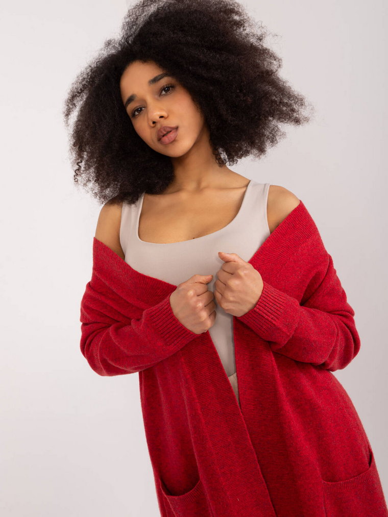 Sweter rozpinany czerwony casual narzutka rękaw długi długość długa kieszenie