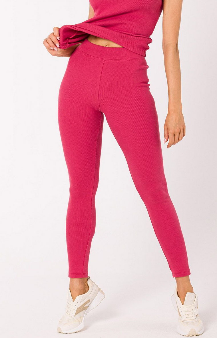 Długie legginsy prążkowane w kolorze różowym M734, Kolor różowy, Rozmiar L, MOE