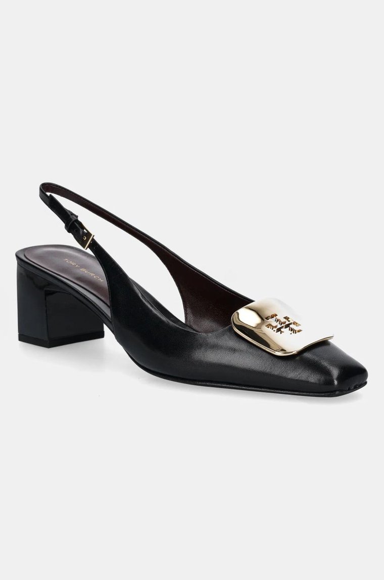 Tory Burch czółenka skórzane Georgia Slingback kolor czarny na słupku z odkrytą piętą 156479-006