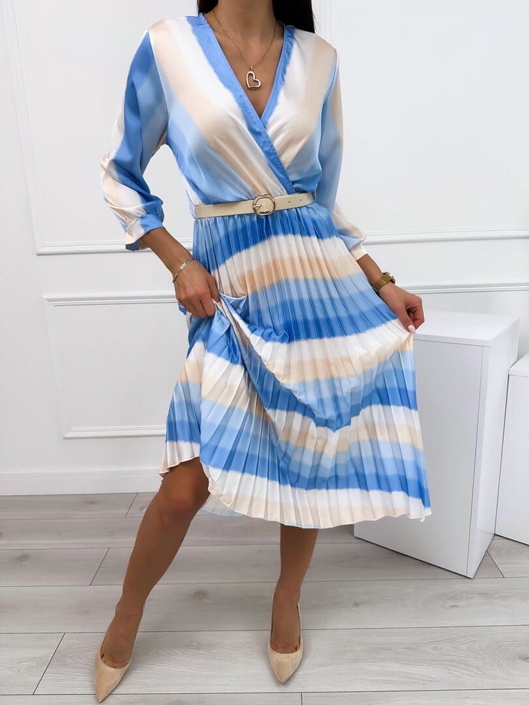Błękitno-Kremowa Plisowana Sukienka