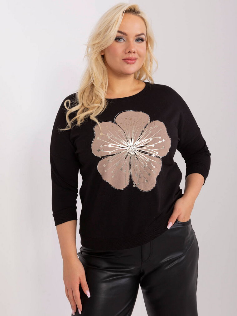 Bluzka plus size czarny casual codzienna dekolt okrągły rękaw 3/4 cyrkonie dżety