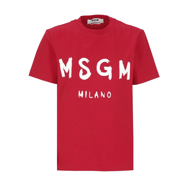 Czerwona Bawełniana Koszulka dla Kobiet z Kontrastowym Logo Msgm